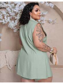 Women's Premium Plus Size Double Vest And Short Set - Mint Green - View 3