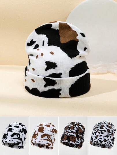 1pc Unisex Cow & Leopard Print Warm Reversible Knit Beanie Hat, Suitable For Outdoor Wear, Autumn/Winter