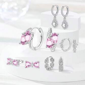 1 对 S925 纯银优雅奢华粉色蝴蝶结月亮锆石女士耳环适合宴会派对婚礼生日礼物女士珠宝情人节