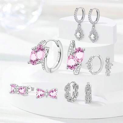 1 Pair S925 Sterling Silver Elegant Luxury Pink Bow Moon Zirconia Ladies Earrings Fit Banquet Party Wedding Birthday Gifts Women's Jewelry Valentine's Day