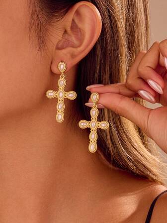 1 对女士时尚珠宝，复古优雅风格水滴珍珠十字架吊坠耳环，时尚百搭，适合度假、派对、节日礼物和日常佩戴，天鹅绒袋包装