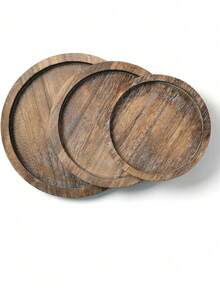 1pc Large Capacity Approximately 30cm Diameter Natural Wood Rustic Round Tray, Carefully Selected Fine Sanded Solid Wood Material (Natural Distinct Grains, Smooth Texture And Sturdy Support) - Coffee Brown - View 1