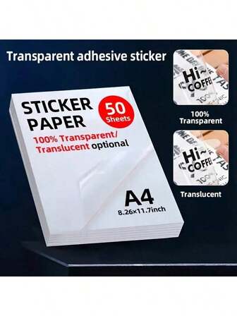 50 Sheets A4 Clear PET Self-Adhesive Sticker Paper, 8.3" X 11.7", Waterproof And Printable, Suitable For Inkjet/Laser Printer - Great For DIY Projects And Decals, Compostable Material