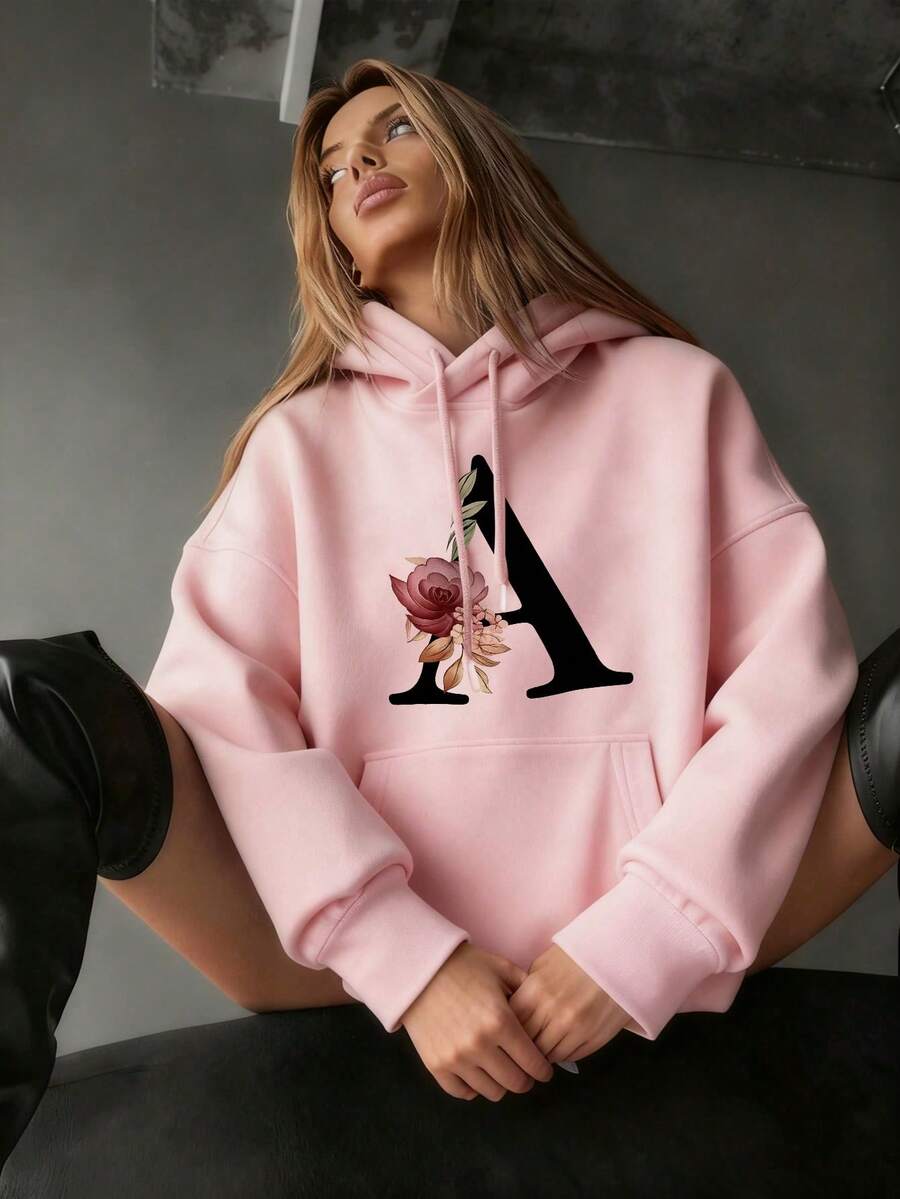 女式新款图案印花宽松保暖内衬连帽运动衫，冬季 - 粉色 - 查看 1