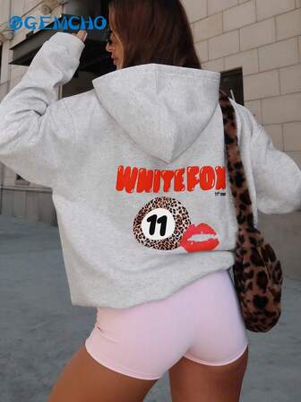 GEMCHO 11th Street Women Leopard Letter Graphic Oversized Hoodie Sweatshirt, Relaxed Fit, Gray, Drop Shoulder, Pockets