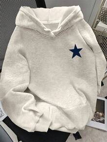 Sudadera con capucha para mujer estilo americano sencillo estampado de estrella, poliéster, corte holgado, gris, manga larga, otoño invierno, ideal para uso diario y streetwear - Gris - Ver 2