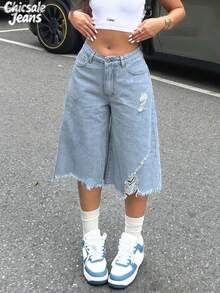 Jeans de denim de 3/4 con bajo asimétrico y efecto desgastado para mujeres - Lavado ligero - Ver 2