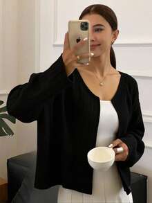 Livesso 纯色落肩前开短款夹克，秋装 - 黑色 - 查看 1