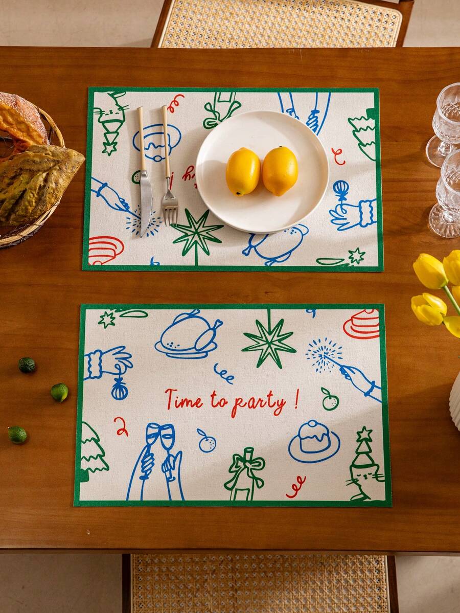 4pcs/6pcs Modern Polyester Rectangle Colorful Printed Placemat Party Kitchen Restaurant Dinning Room Home Decor Table Mat - Multicolor - View 1