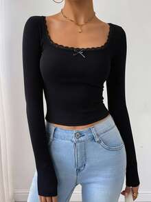 2pcs Lace Patchwork Square Neck Slim Fit Long Sleeve T-Shirt For Women, Casual Soft Comfortable Solid Color Base Layer Top, Autumn/Winter - Multicolor - View 2