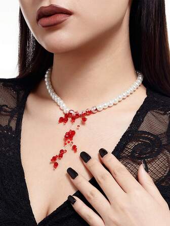 Gothic Choker Beaded Necklace, Halloween Blood Drop Tassel Pendant, Collarbone Chain, Faux Pearl Necklace