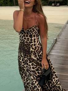 女式新款优雅抽腰大裙，日常休闲海滩度假风豹纹长裙优雅吊带超长露背性感吊带裙，Y2K 印花紧身系带修身复古长裙，春夏秋季 - 彩色 - 查看 10