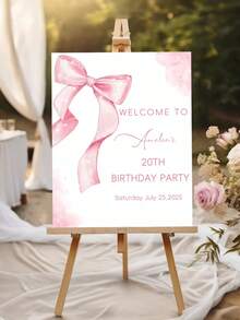 Personalized Birthday Welcome Sign, Customized Text Pink Ribbon Entrance Welcome Board, Personalized Wedding/Retirement/Anniversary Party Signage, DIY Welcome Party Favors (Includes Name And Date), Home & Garden Decor - Multicolor - View 2
