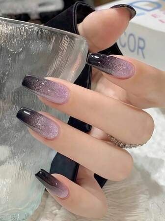 24 件女士美甲套装，银河渐变色，人造指甲，黑色闪光，芭蕾舞者，全息紫色，指甲贴，含果冻凝胶和指甲锉，适合派对、约会、居家日常使用，猫眼