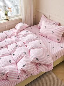 Juego de ropa de cama de 2/3 piezas con estampado de rayas y lazos rosas (1 funda nórdica + 1/2 fundas de almohada, sin relleno incluido), moderno, romántico, elegante y clásico, de fibra de poliéster cómoda y transpirable para todo el año, para decoración de dormitorio, estilo de hotel de lujo, estilo de niña, regalo para mamá, papá o amigo, funda de edredón/nórdica*1 funda de almohada*1/2 tamaño King, Queen, Full o Twin para dormitorio universitario