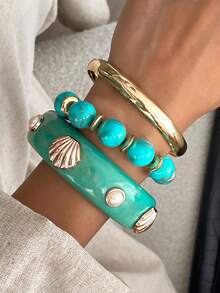 Set de 3 piezas de pulseras de metal con arco geométrico, perlas falsas y conchas, de estilo bohemio. Pulseras elegantes y lujosas para uso diario, casual o de fiesta, como regalo de joyería para mujeres.