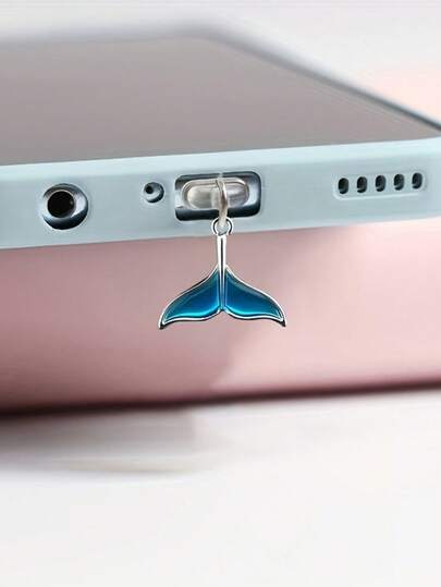 Blue Fish Tail Shaped Stylish Metal Dust Plug, Decorative Charging Port Cover