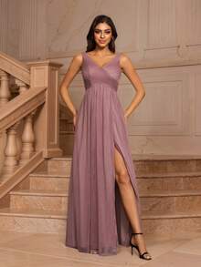 MOEVIO 女式性感 V 领网纱裹身褶饰露背 A 字开叉大腿长款优雅正式伴娘婚礼宾客返校舞会晚会礼服秋冬毕业返校节万圣节圣诞节新年春节服装 - 淺灰紫 - 查看 1