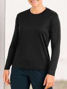 Women's Long Sleeve Crew Neck Workout T-Shirt, Loose Fit Quick Dry Gym Training Top For Running, Yoga, Fitness And Casual Wear - Black - View 4