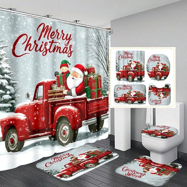 1 قطعة/4 قطع ستارة حمام بنمط عيد الميلاد وسانتا كلوز وقصبة السكر من البوليستر ذات العزل الحراري، ديكور عيد الميلاد للمنزل والحمام، ستارة حمام مع 12 خطاف، سجادة حمام، سجادة شكل U، غطاء مقعد المرحاض الدائري، طقم حمام مناسب لجميع المناسبات