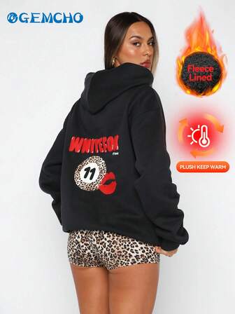 GEMCHO 11th Street Women's Warm Hoodie, Leopard Print Letter & Berry Pattern, Oversized Fit, Black Sweatshirt, Drop Shoulder, Kangaroo Pocket, Thick Material