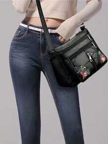 Women's Multi-Layer Large Capacity Crossbody Shoulder Bag [Zipper Direction Selectable] - Black - View 7