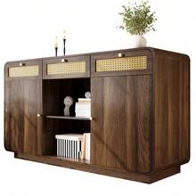 Kommode Sideboard 120cm Nussbaum, Schubladenschrank mit Rattan & Goldgriffen, 3 Schubladen + 2 Schränke + offenes Regal, Höhenverstellbare Einlegeböden, H85/B120/T40 cm