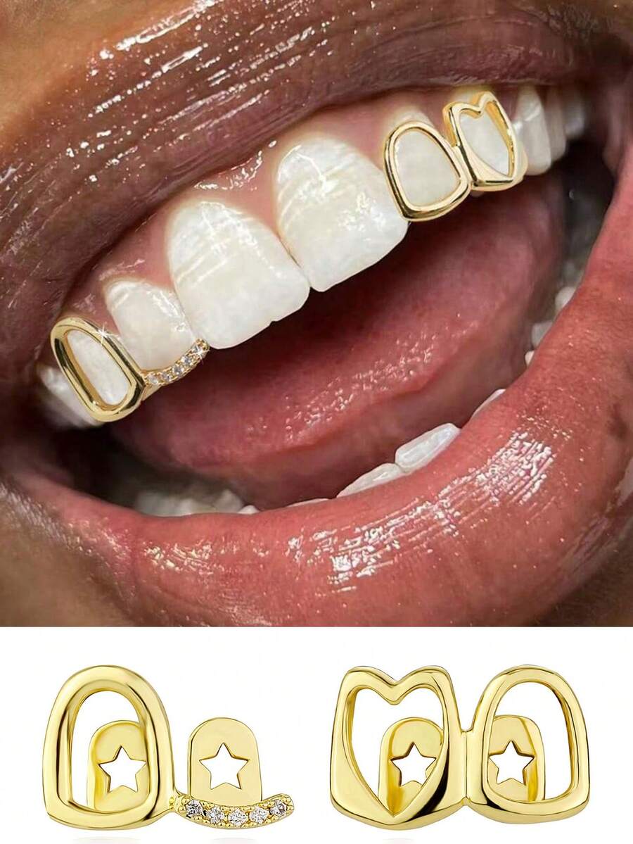 Bộ 2 chiếc răng giả mạ vàng hình trái tim rỗng kiểu Âu và Mỹ, chất liệu vàng sáng bóng, phụ kiện thời trang đường phố phong cách hiphop. - Vàng - Xem 1
