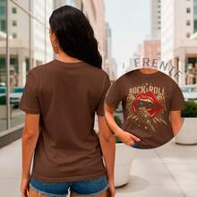 Camiseta Feminina Rock & Roll Boca com Microfone Vintage Estilo Retrô Casual 100% Algodão - Marrom - Visão 2