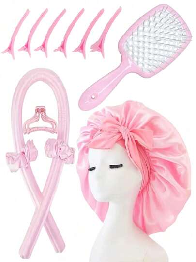 12 pièces/set Kit d'outils de coiffure rose, fer à friser, peigne de massage, chouchous, pinces à griffes et bandeau, outils de coiffure pour femmes et filles, légers et faciles à ranger, convenant pour la maison, l'utilisation quotidienne et les voyages, supports de queue de cheval