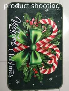 1pc Holiday Christmas Welcome Doormat With Candy Cane And Holly Design, Soft Comfortable Carpet, Bathroom Mat, Bath Rug, Doormat, Small Rug, Carpet, Mat, Home Decor, Area Rug, Outdoor Mat, Home Decoration, Area Carpet, Bedroom Rug, Washable Rug, Ins Style Rug, Best Gift For Girls, Christmas New Year Holiday Decor Kitchen Rug