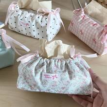 Korean Ins Style Drawstring Tissue Box, Bowknot & Floral Pattern Storage Bag, Decorative Household Atmosphere, Multifunctional Tissue Box For Coffee Table/Dining Table/Car/Office, Simple & Fashionable Home Essential - Multicolor - View 6
