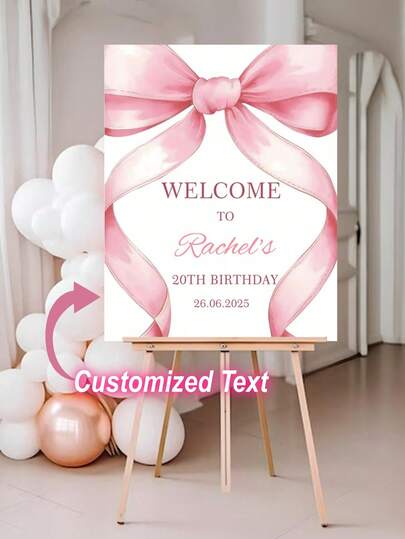 Personalized Pink Bow & Welcome Sign With Name & Age - Custom Birthday Board For Girls 1st/2nd/3rd Birthday Party Decorations, Wedding, Anniversary, Retirement - Elegant Cursive Lettering & Numbered Date - Durable Indoor/ Entrance Door Decor - Easy Setup With Adhesive/Screws Included - Pastel Pink Bow Design