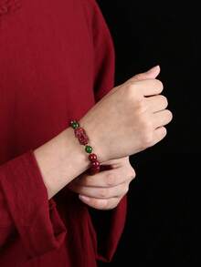 1 件红朱砂珠风水貔貅手链男女时尚弹性手链（6 毫米-12 毫米）