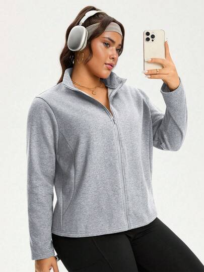 Christmas Plus Size Women's Casual Sports Fitness Yoga Stand Collar Jacket Cardigan Long Sleeve Solid Color, Autumn/Winter