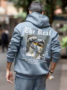 Krometka 男士宽松黑色基础款连帽衫，几何印花设计，休闲秋冬款 - 淺藍色 - 查看 2