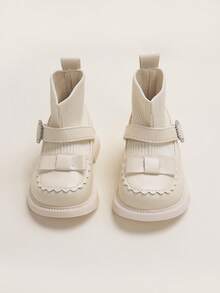 1 par de botas de niña de unicolor y lazo de encaje simple, suaves y cómodas, adecuadas para juegos al aire libre, otoño/invierno - Beis - Ver 3