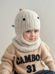 1pc Toddler Boys' Dinosaur Thermal-Lined Balaclava Hat, Knitted Beanie With Scarf, Warm Winter Cap