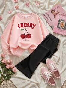 2pcs/Set Cherry Print Crew Neck Sweatshirt And High Waist Flare Pants, Casual Minimalist Design For Girls, Autumn/Winter - Pink - View 2