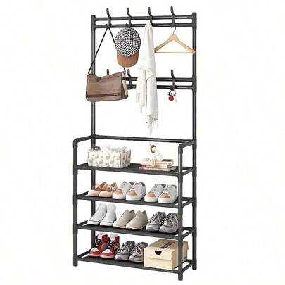 Sturdy Metal 5-Tier Hallway Tree With 8 Removable Hooks - 3-In-1 Freestanding Coat Rack, Shoe Rack, And Storage Rack Organizer In Matte Black Finish, Space-Saving Modern Design For Front Entryways, Hallways, Living Rooms - Heavy-Duty Metal Construction, Easy To Assemble For Small Spaces - Organizes Clothes, Shoes, Hats, Bags, Umbrellas, And More - Suitable For Various Room Types