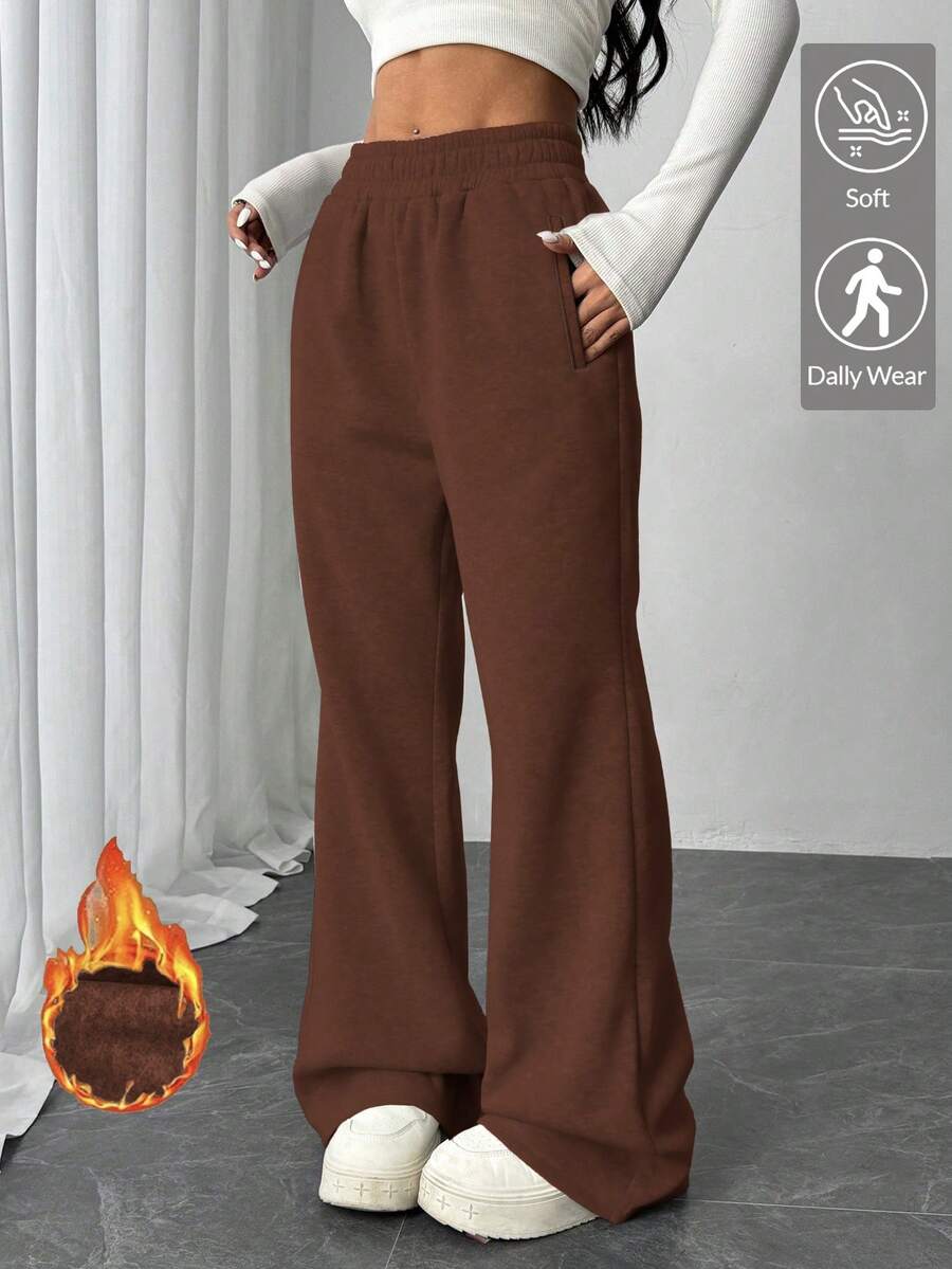 Women's Casual Solid Color Elastic Waist Pocket Loose Flare Leg Pants, Suitable For Street, Daily Wear, Valentine's Day, New Year, Comfortable Street Style - Rust Brown - View 1