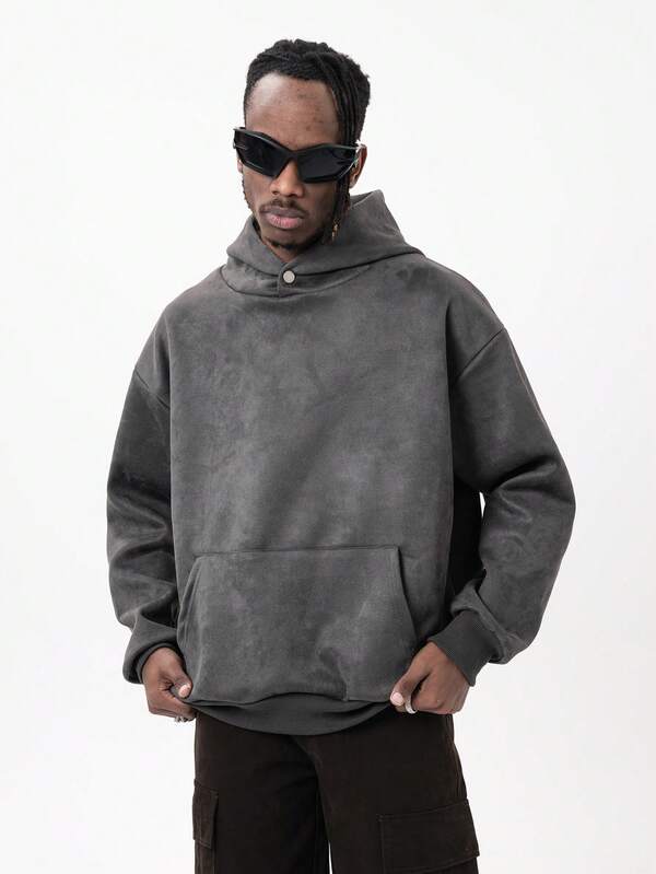 MT99 MT99 Suede Series Solid Color Pullover Hoodie, Gray Sweatshirt With Button Design, Unisex