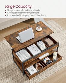 Lift Top Coffee Table, Living Room Table, With Storage Drawers, Hidden Compartments, And Open Shelf, Rustic Brown And Ink Black - Brown - View 3