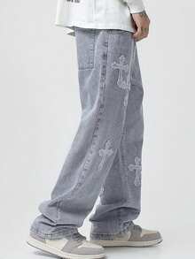 2025 High Street 十字贴片宽松男士阔腿牛仔裤，街头嘻哈风格