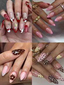 96pcs/Box (4mixed) Almond Flower Polka Dot Cherry French Design Tips Press On Nails Perfect Fit Acrylic False Nails Set,Include: 1pc Jelly Glue And 1pc Nail File,Nails In Autumn And Winter, Suitable For Women And Girls Daily Life And Party Use