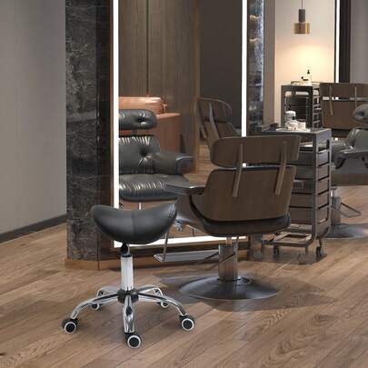 HOMCOM Adjustable Hydraulic Rolling Salon Stool Swivel Saddle Chair Spa Beauty Seat PU Leather,  Black