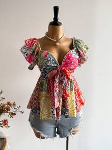 Rusttydustty Bohemien Stil Spitze V-Ausschnitt Lässig Urlaubs Bluse, geeignet für Neujahr, Valentinstag und andere Anlässe