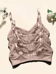 3 件纯色休闲 - 舒适简约休闲 - 运动休闲针织面料蝴蝶结装饰大码女士文胸 - 藕粉色 - 查看 3