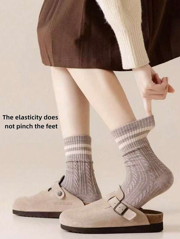5 Pairs Minimalist Double Stripe Socks, Retro Cable Knit Mid-Calf Socks, Casual, Warm, Versatile Long Socks, Assorted Delivery