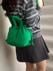 1 件秋冬新款女士加厚尼龙单肩/斜挎包，柔软轻便，带抽绳褶皱背包，小号 - 彩色 - 查看 4